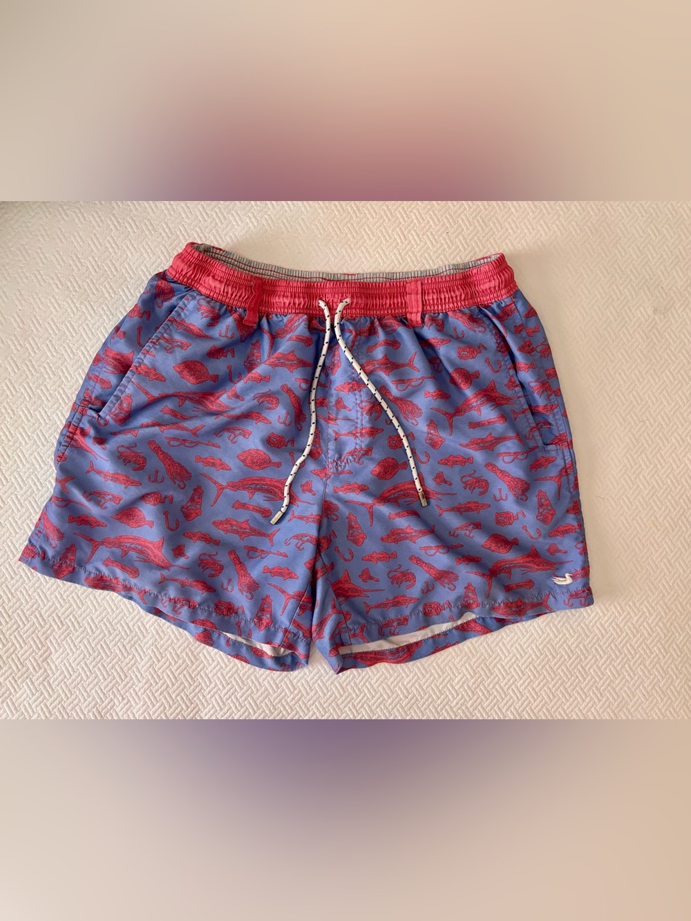 Southern Marsh Blue Swim Trunks with Red Fish Print and Red Waistband